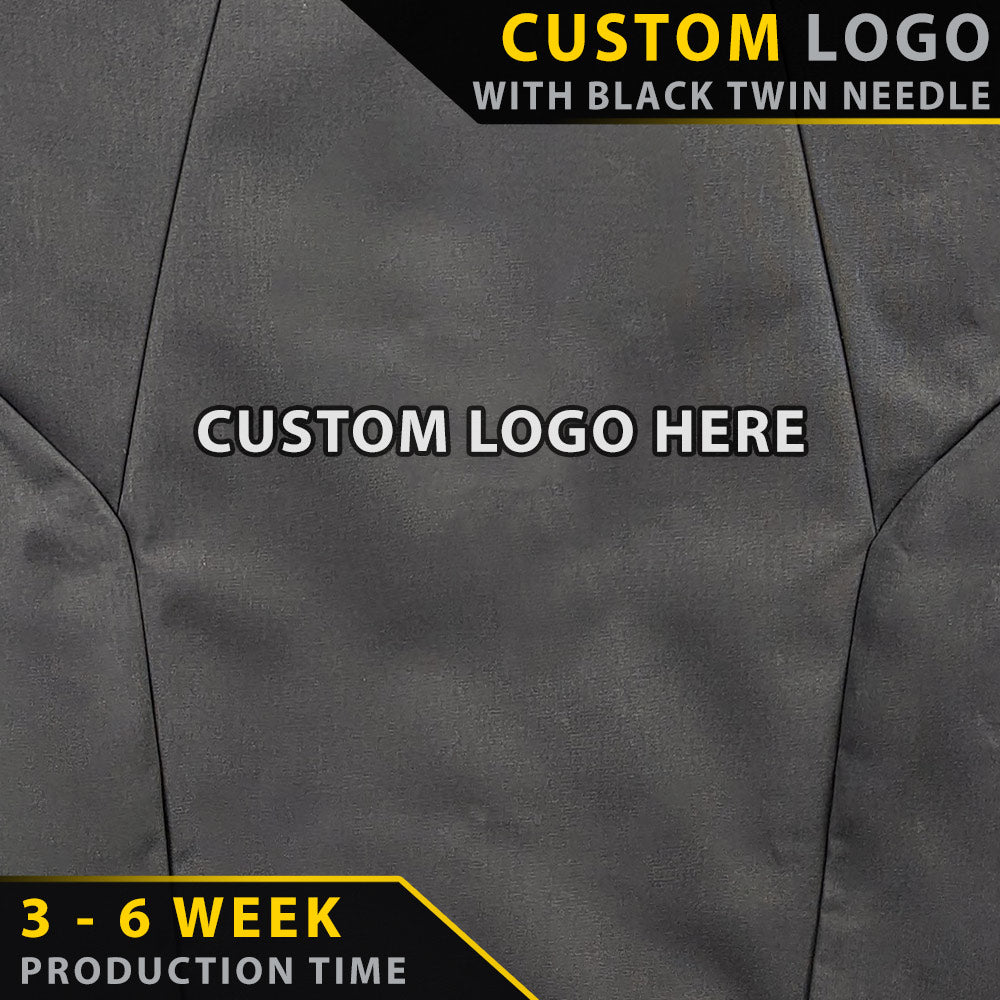 Gray fabric with text overlay for custom logo design and production time information.