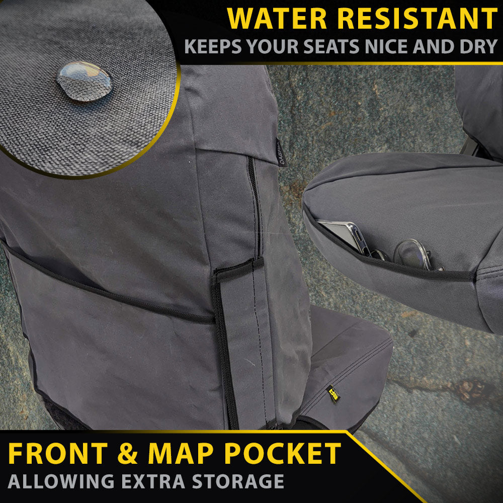 Gray car seat cover with front and map pocket feature, showing water resistance and extra storage.