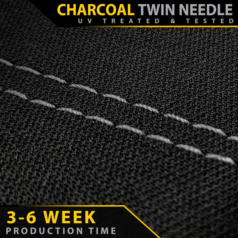 Close-up of charcoal fabric with twin needle stitching and text about production time.