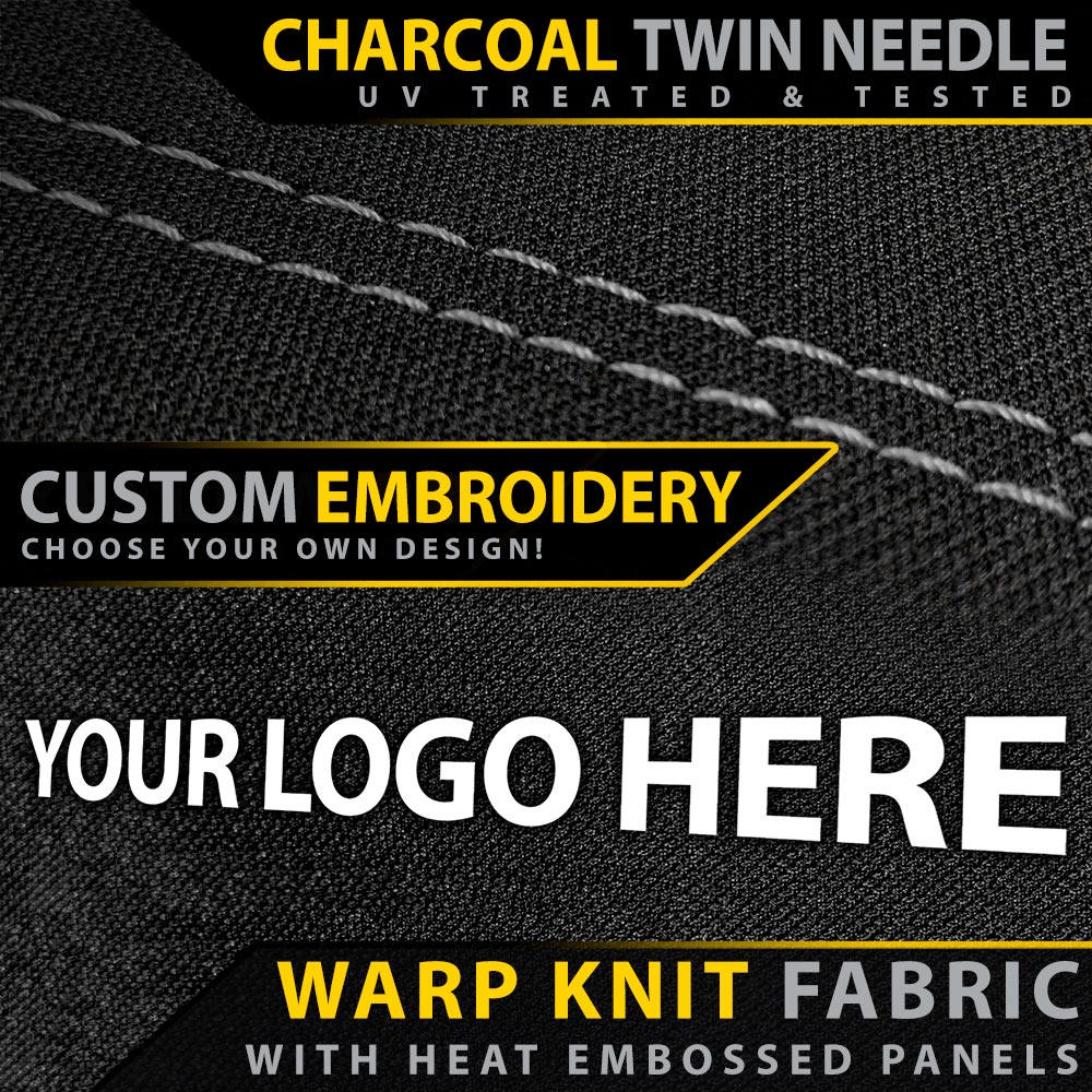 Warp knit fabric with heat embossed panels and customizable embroidery text on a black background.