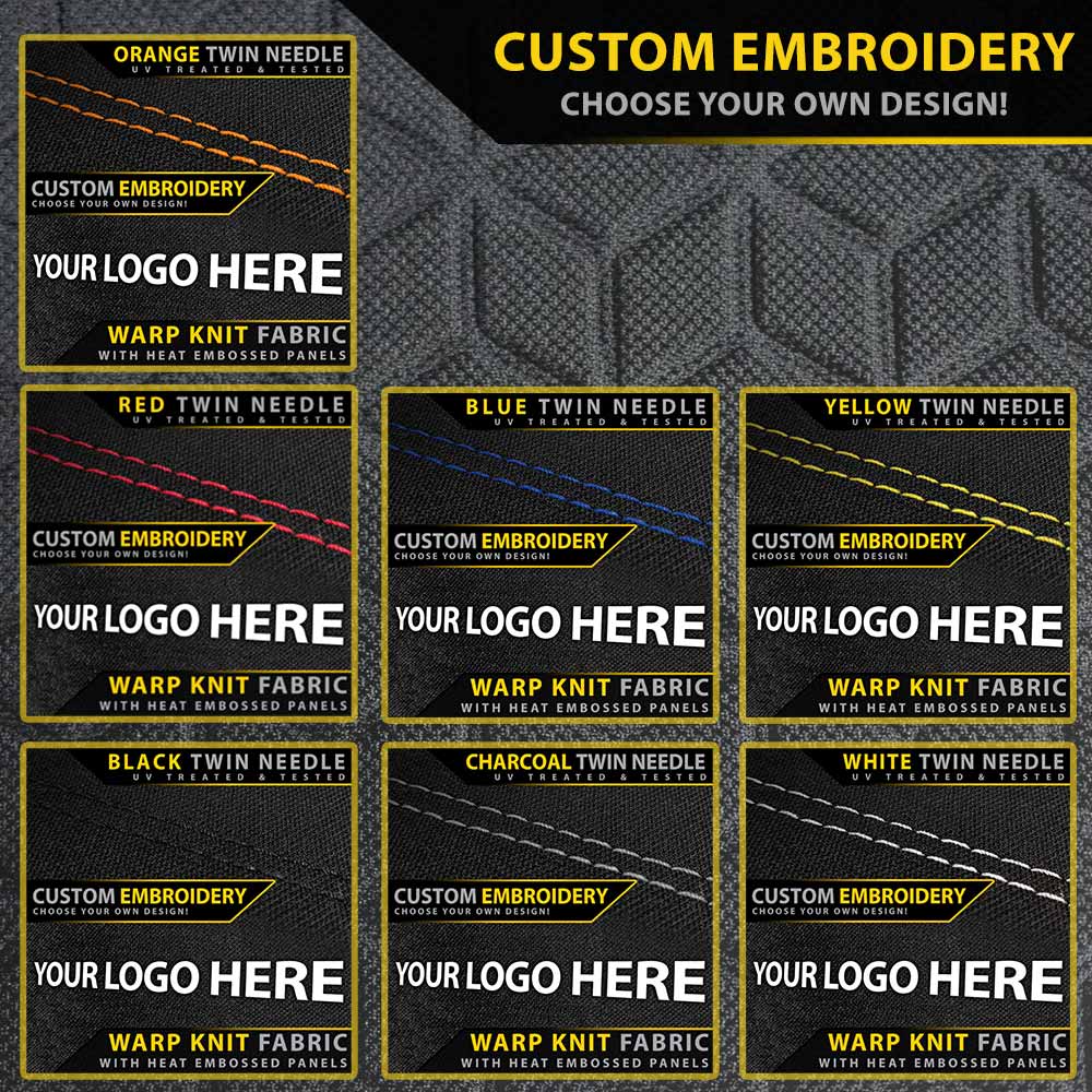 Promotional graphic for Seat Covers with various needle color options on a black background.
