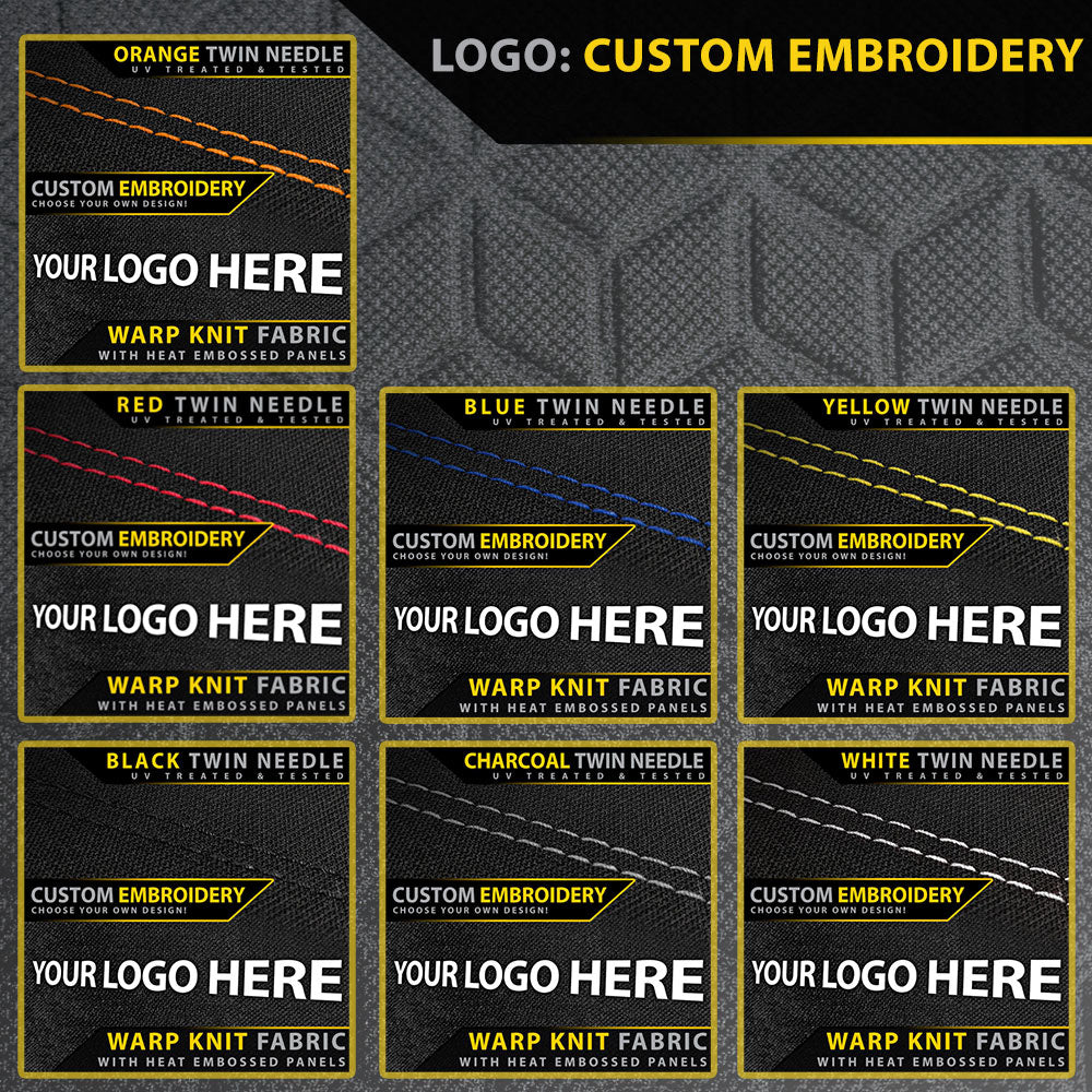 Promotional graphic for custom embroidery services with various needle color options on a black background.