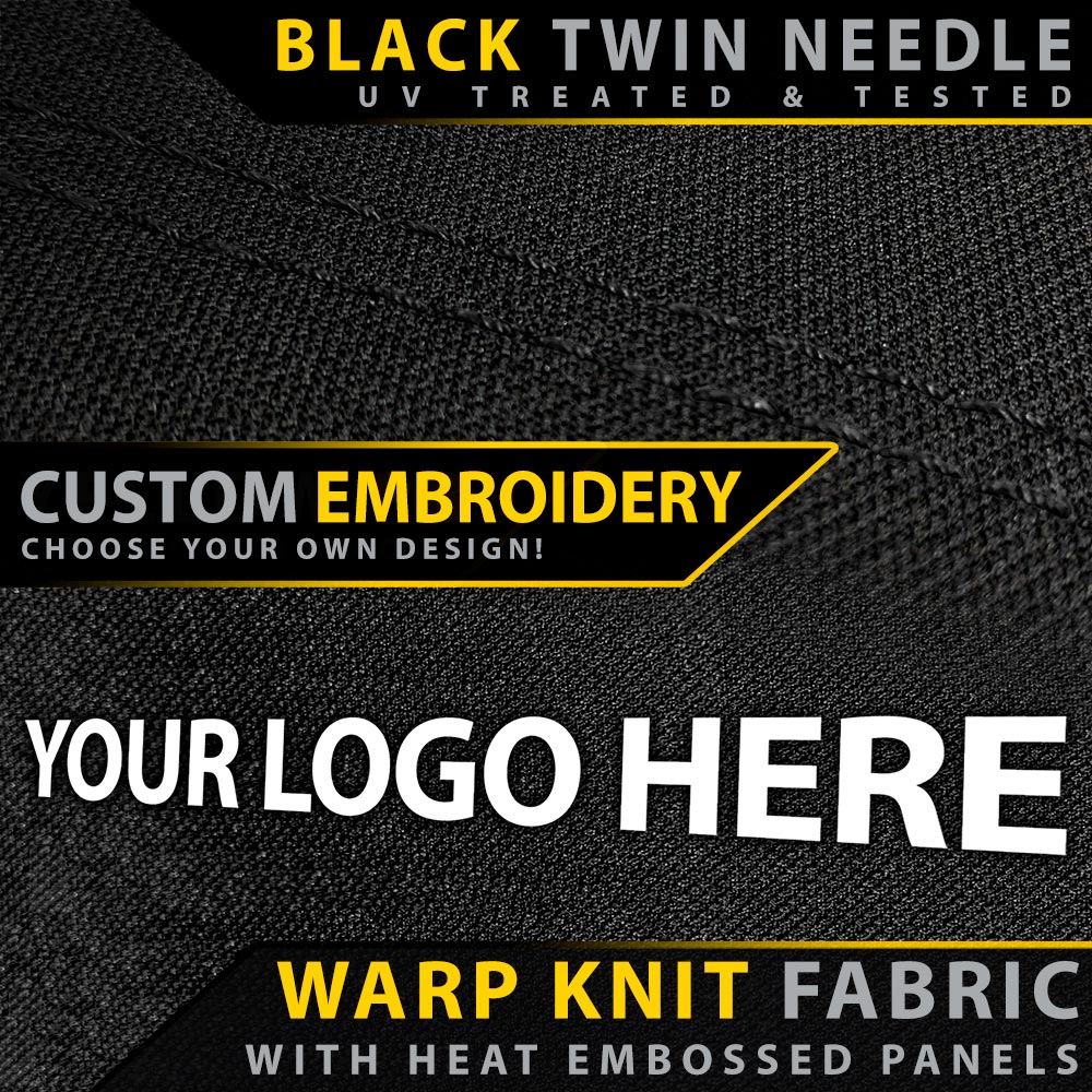 Black warp knit fabric with heat embossed panels and text about custom embroidery and logo placement.