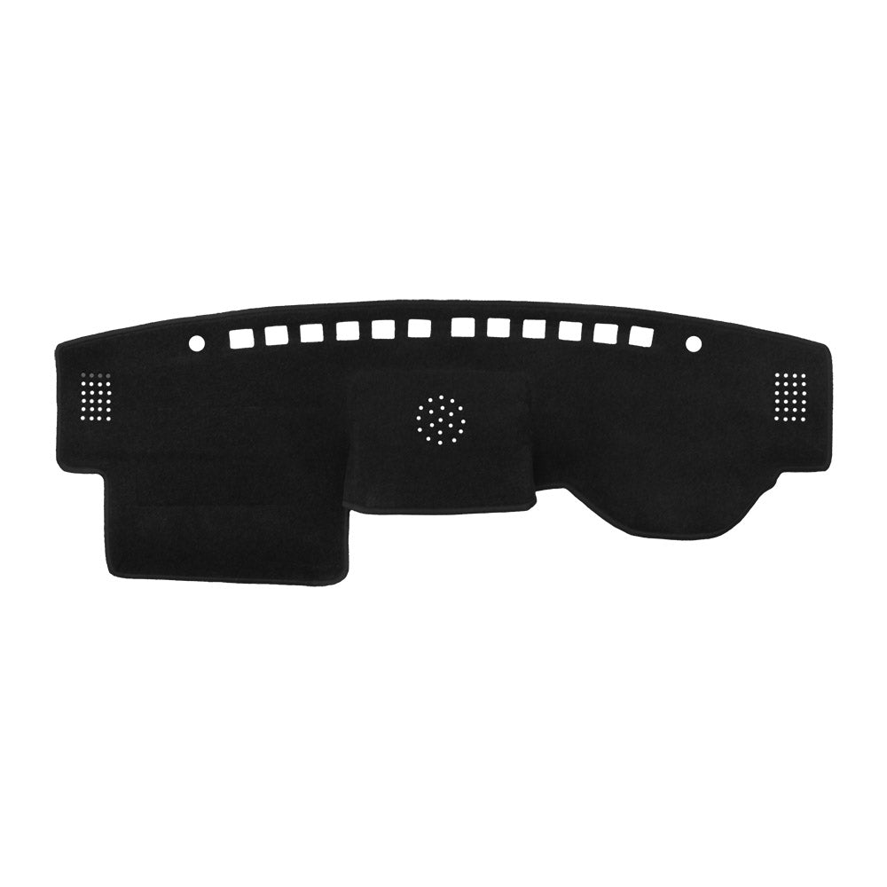 Black car dashboard cover with cut-out patterns on a white background