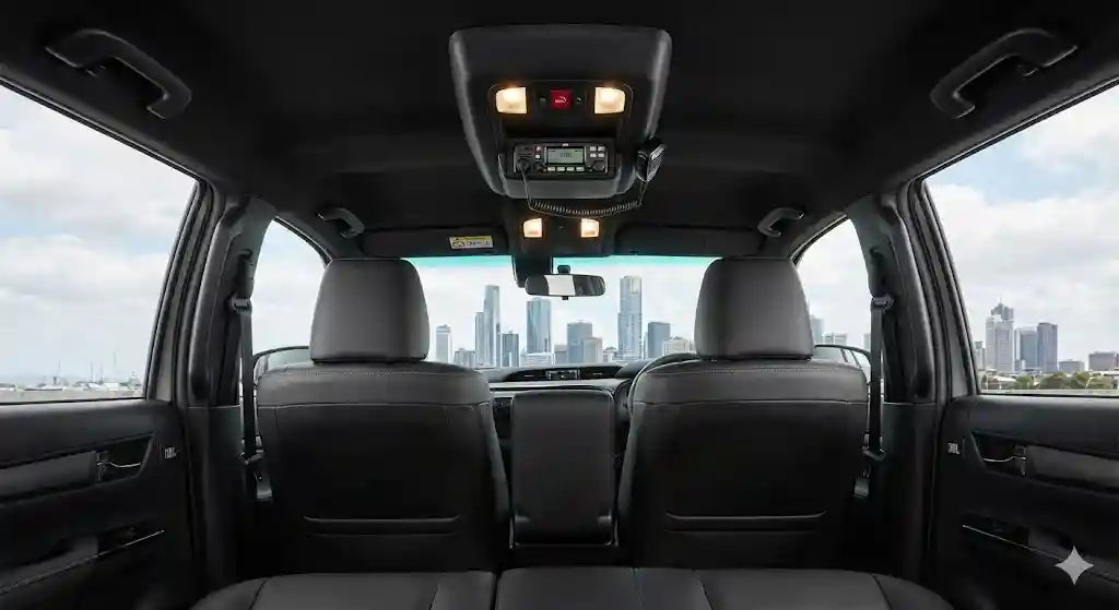 Interior view of 2023 Toyota Hilux Rogue with 4WD Interiors SOS Compatible roof console installed.