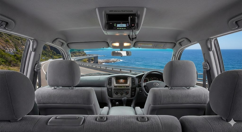 Interior view of Toyota LandCruiser 100 Series GXL with 4WD Interiors roof console installed.