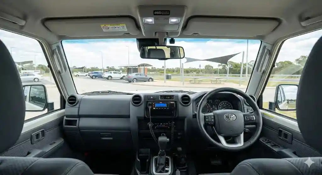 Interior view of 2024 Toyota LandCruiser 79 Series Facelift with 4WD Interiors RC70LP Roof Console.