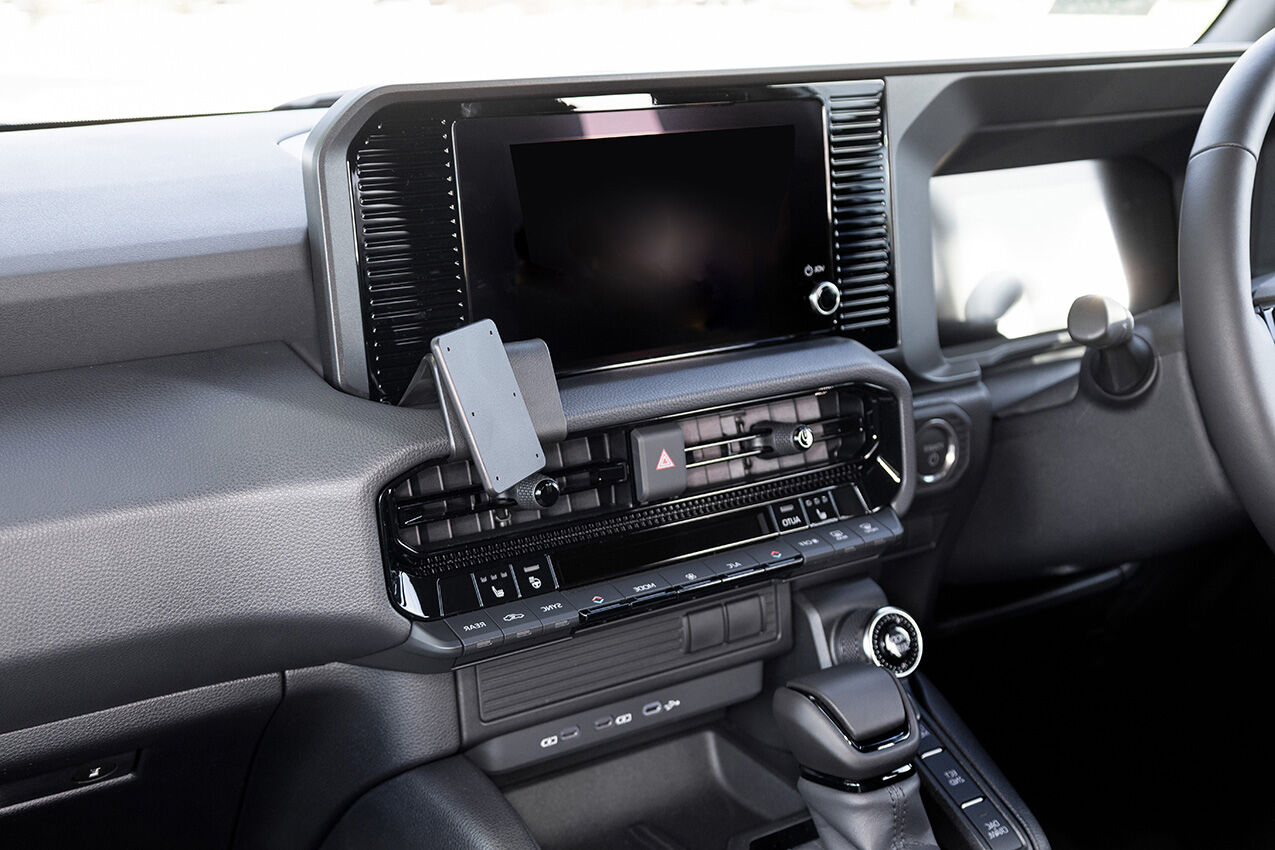 Car dashboard with infotainment system and ClicOn Dash Mount