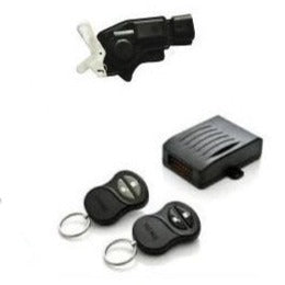Set of black electronic devices including a remote control, receiver, and keychain device on a white background.