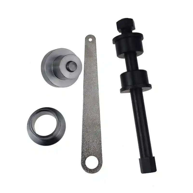 Set of mechanical components including a Steering Knuckle Alignment Tool, gray gear, and other parts on a white background