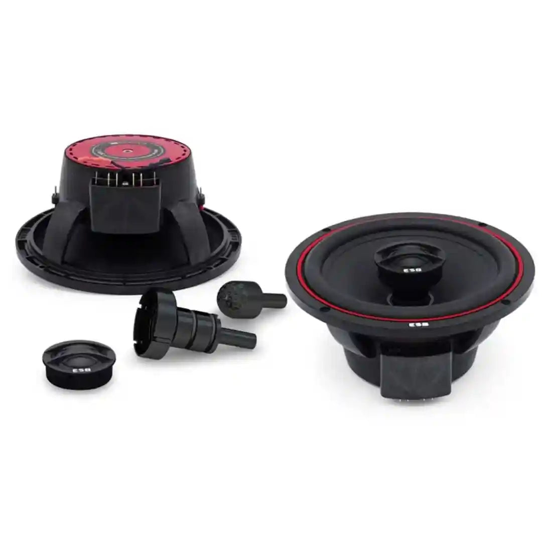 Two car speakers with components on a white background