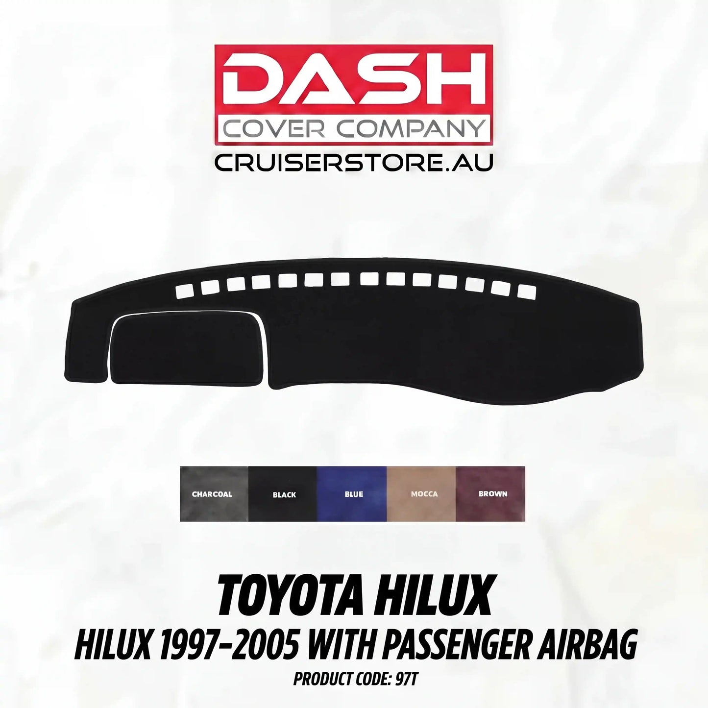 Car dashboard cover for Toyota Hilux with Dash Cover Company branding on a white background.