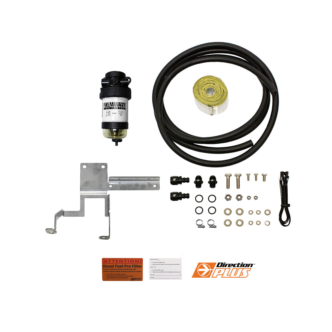 Collection of automotive parts including a fuel pump, hoses, and metal brackets on a white background.