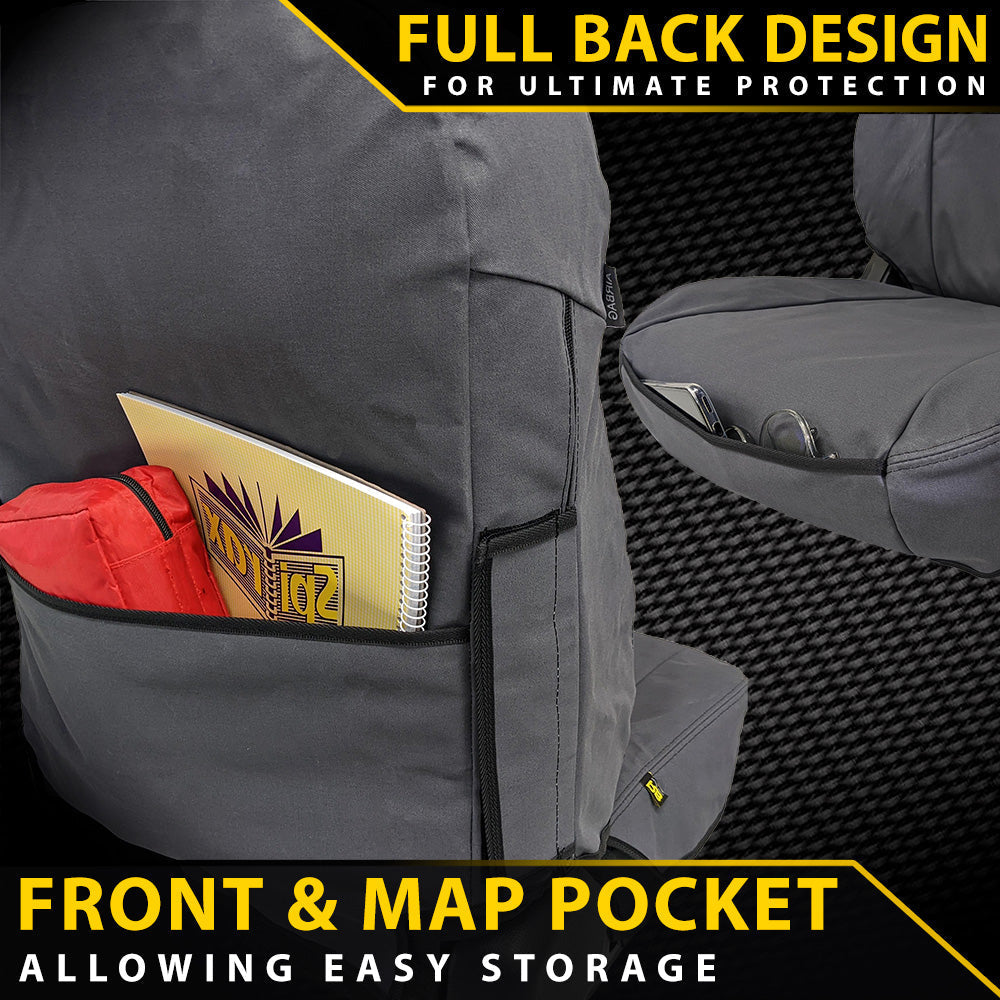 Gray car seat cover with front and map pocket, showing storage capacity.
