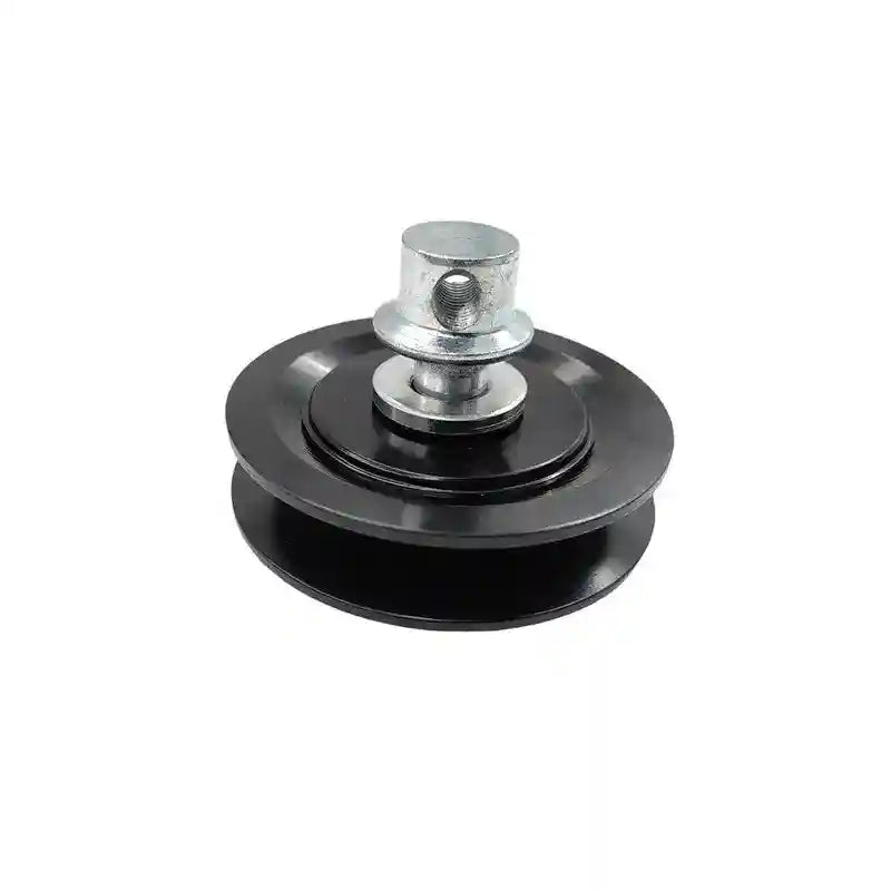 Metal pulley system on a white background