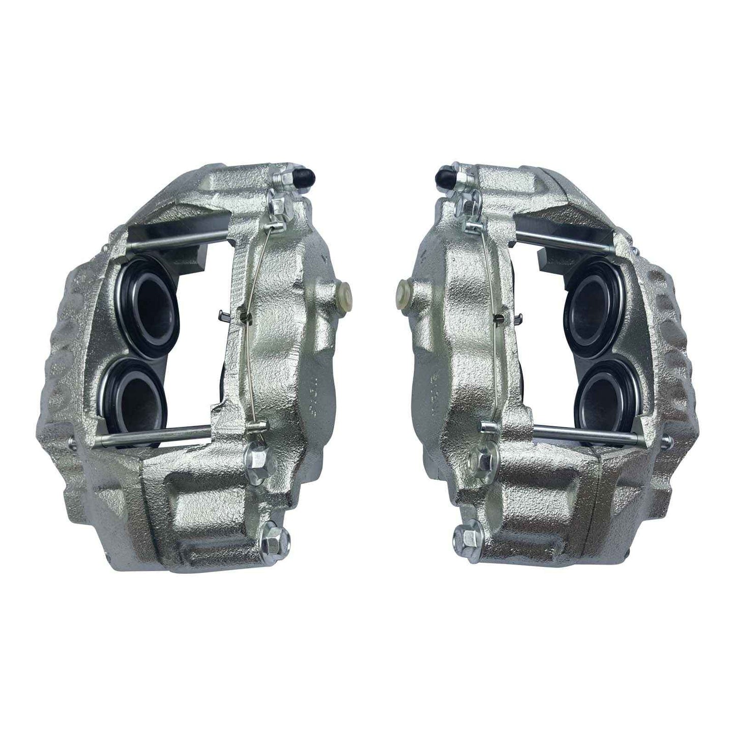 Two metallic brake calipers on a white background