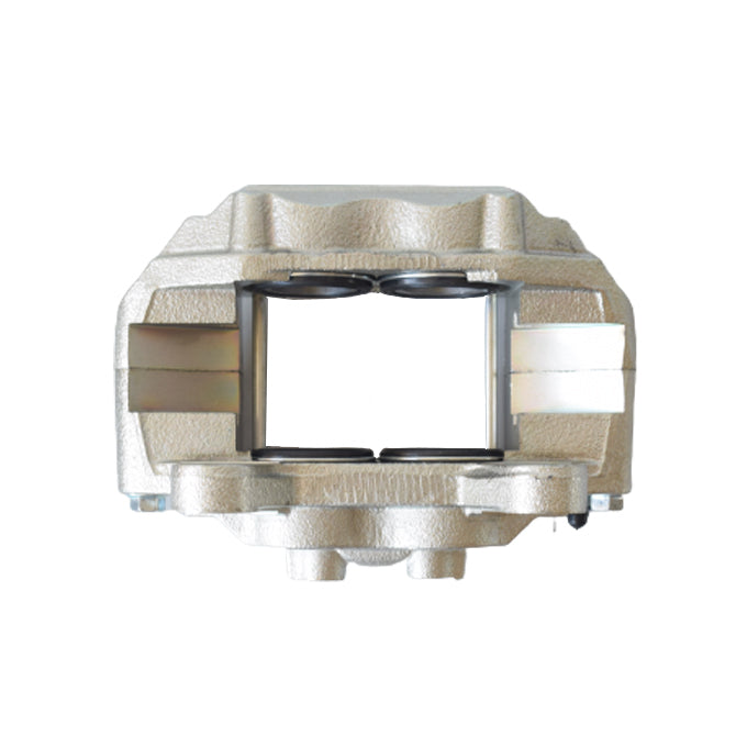 Metallic brake caliper on a white background