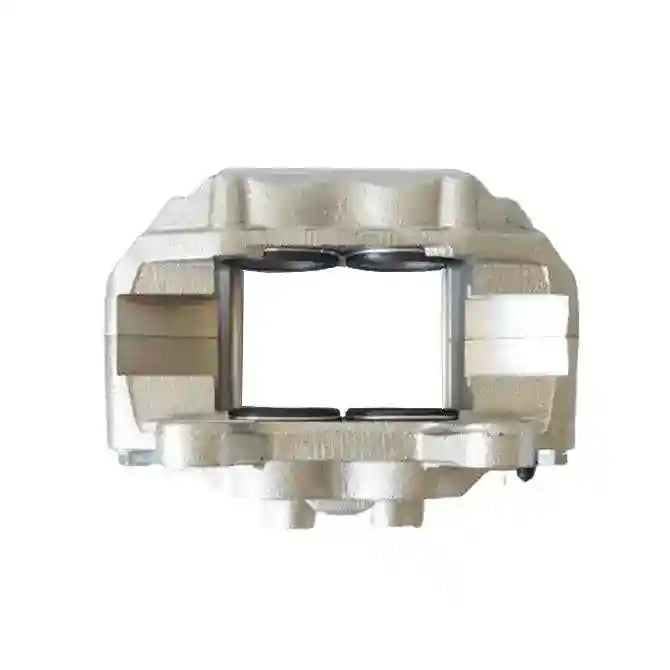 Metallic brake caliper on a white background