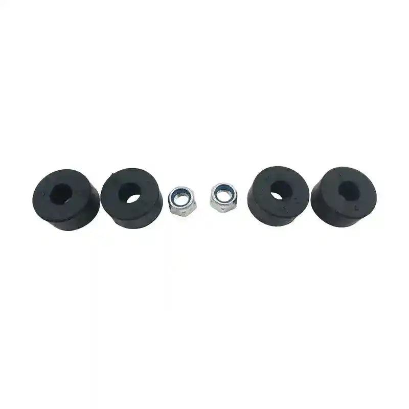 Set of black rubber bushings and metal washers on a white background