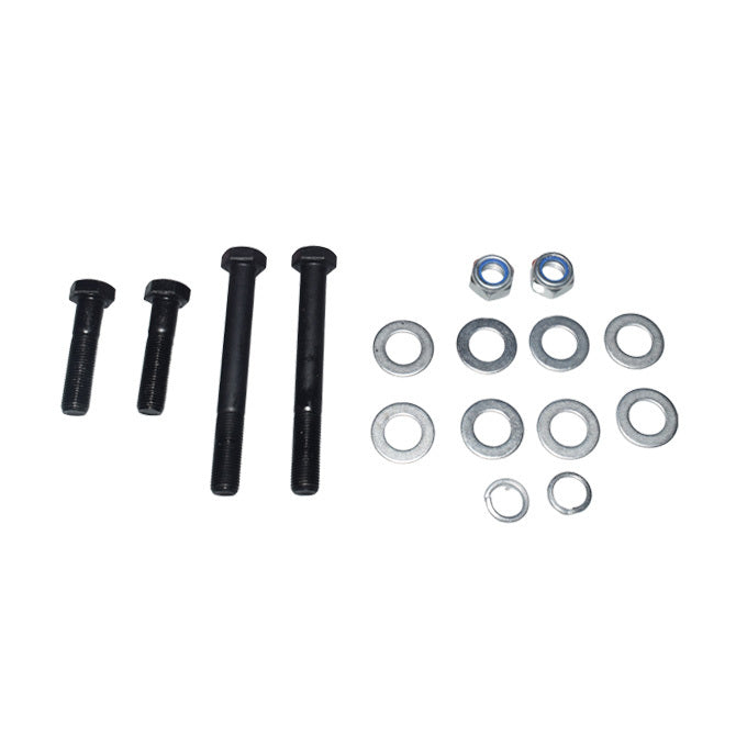 Set of black bolts and metal washers on a white background