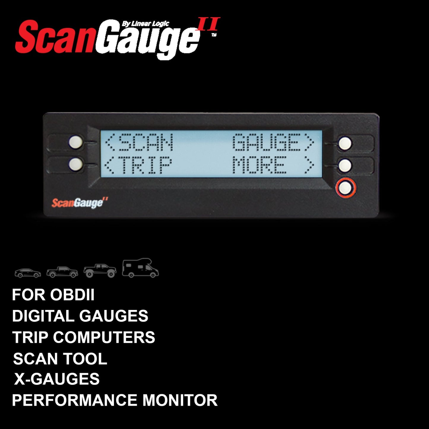 ScanGauge II digital gauge display with buttons on a black background