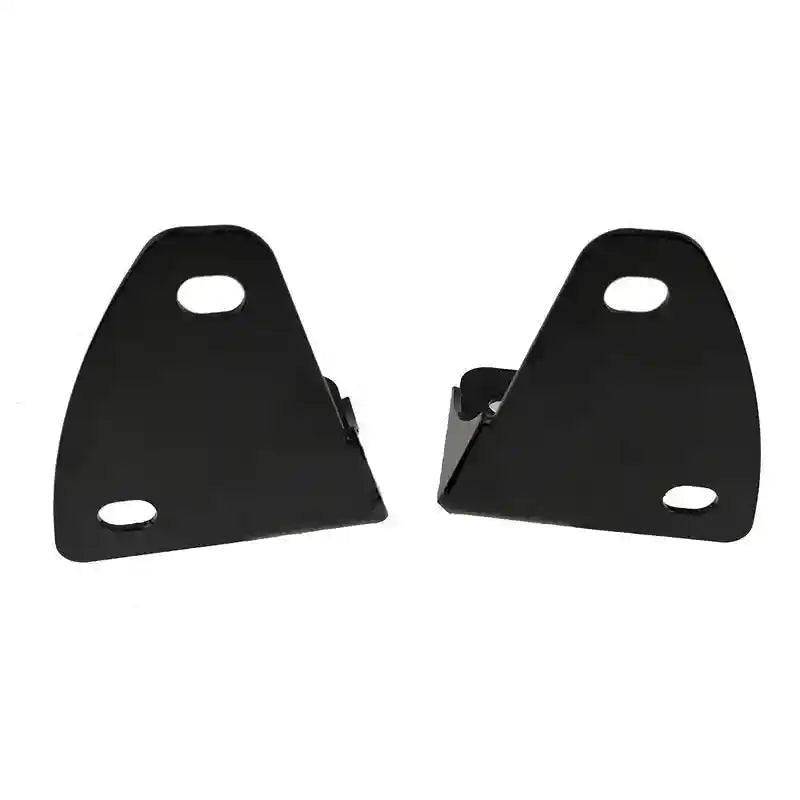 Two black metal brackets on a white background