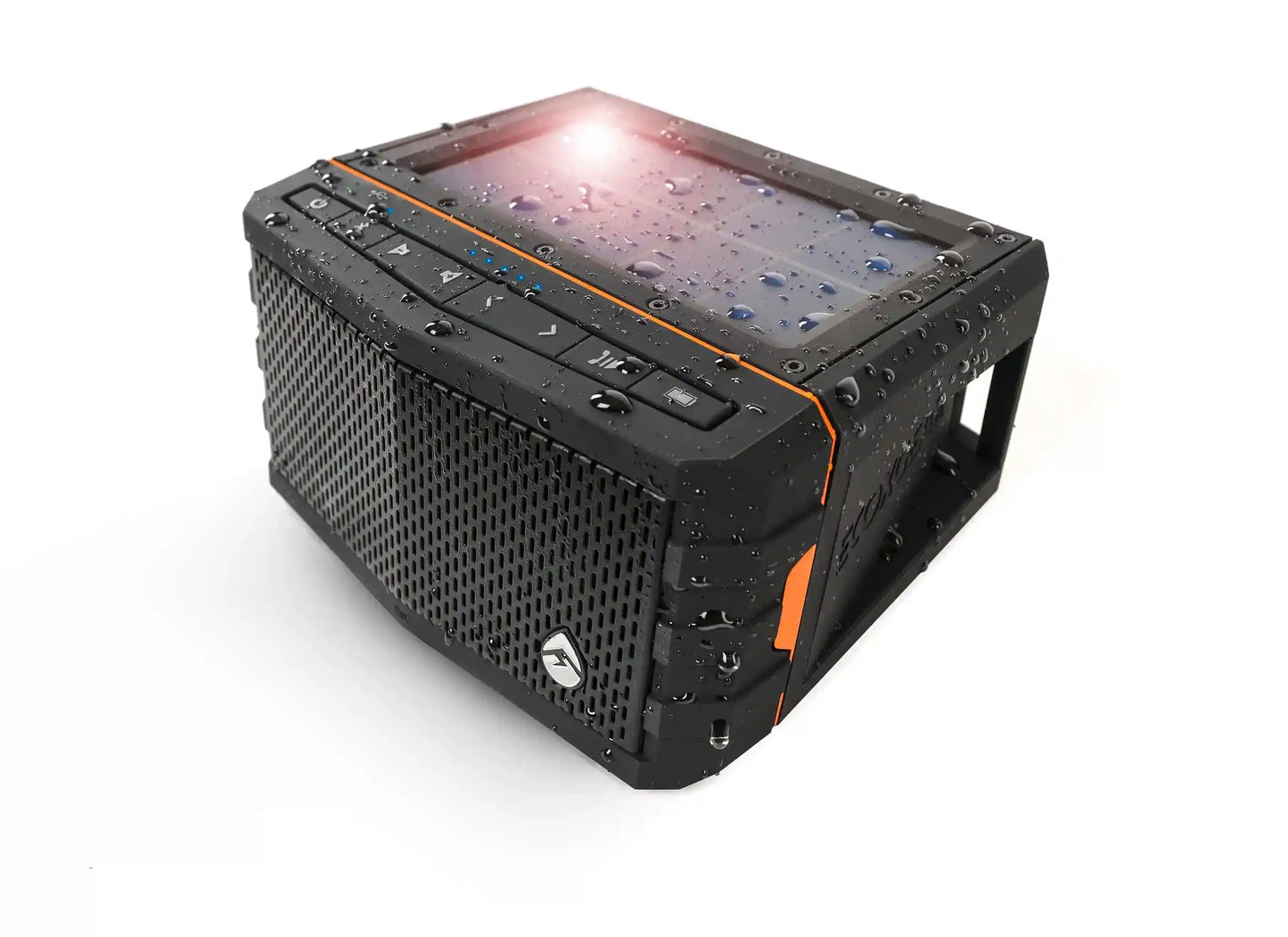 Rugged outdoor speaker with water-resistant design on a white background