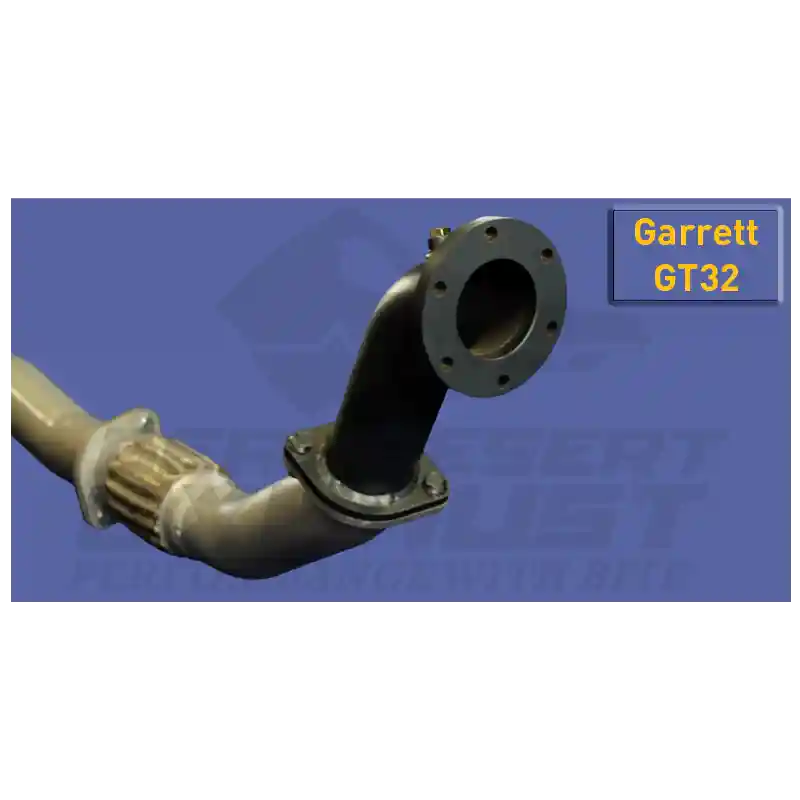 Exhaust with 'Garrett GT32' label on a blue background