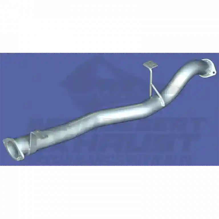 Metal exhaust pipe on a blue background with brand logo.