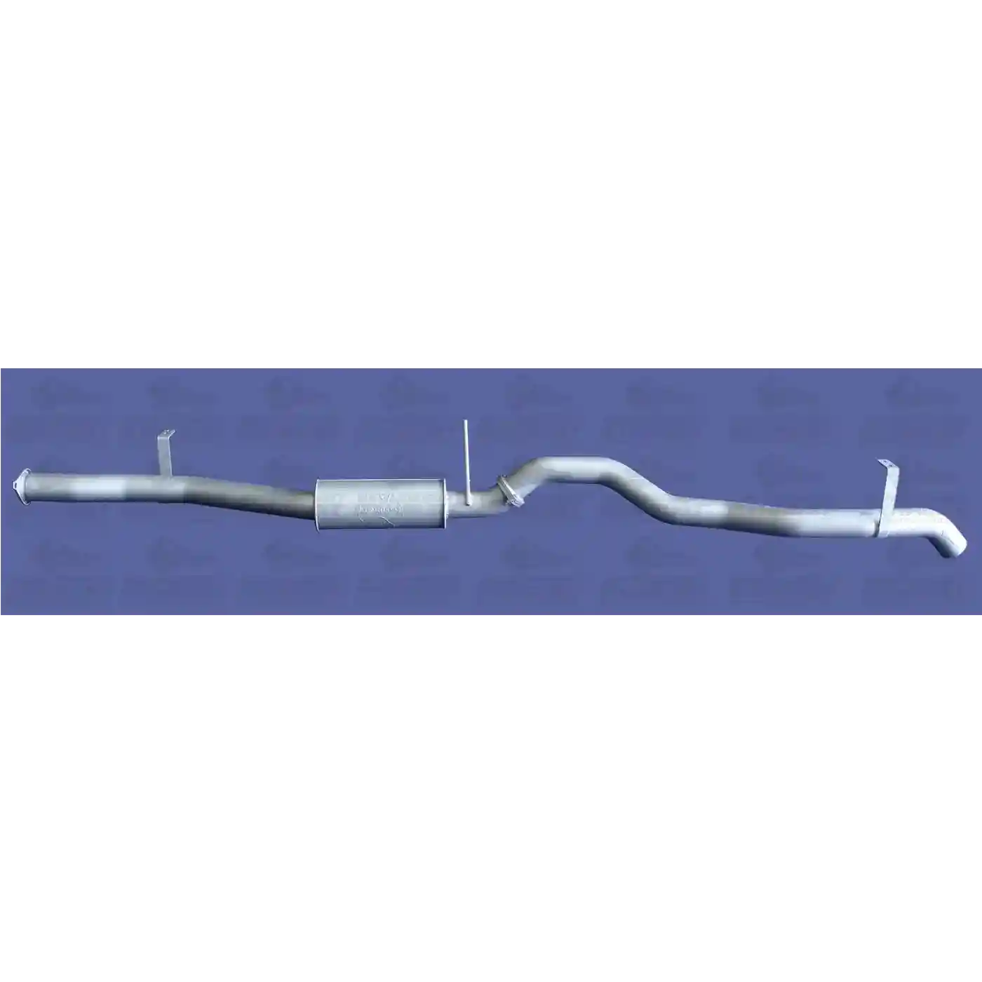 Metal exhaust pipe on a blue background with a brand logo.