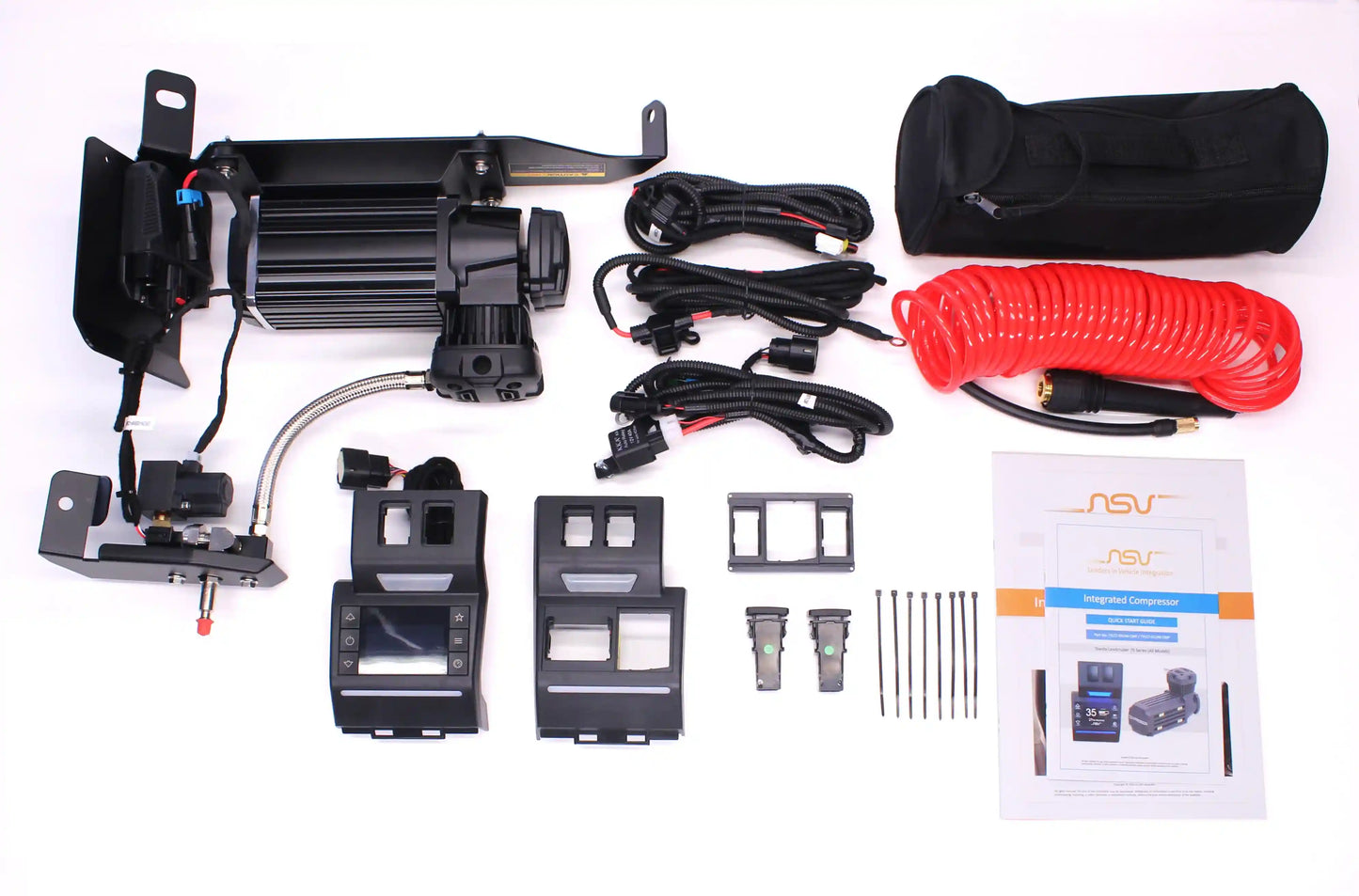 Automotive air pressure system components including wiring, connectors, and a coiled red cable on a white background.