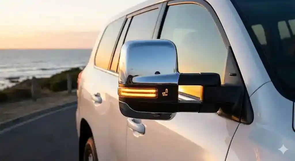 Chrome MSA 4x4 towing mirror on a White Land Cruiser 200 Series, showing BSM icon and indicator illuminated.