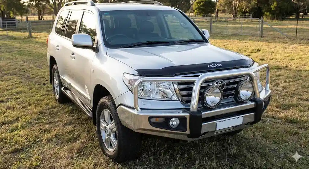 Front view of Silver Toyota LandCruiser 200 Series GXL (2012 Model) with OCAM Bonnet Protector installed.