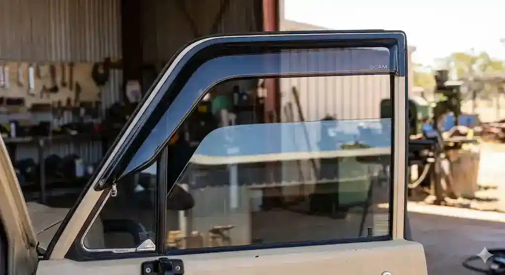 Close up of OCAM weather shield installed on a beige Toyota LandCruiser 75 Series Ute driver door.