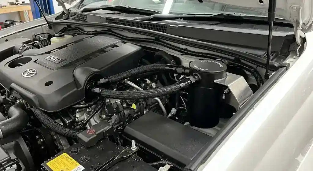 Direction-Plus ProVent catch can kit installed in a Toyota Prado 120 Series engine bay