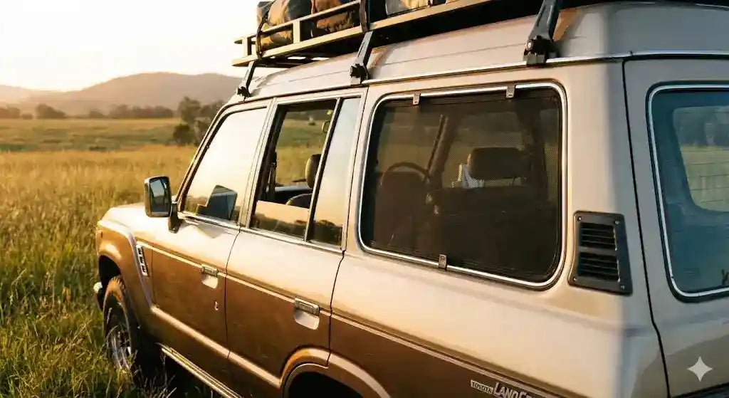 Snap Shades magnetic window shade installed on Toyota LandCruiser 60 Series rear door