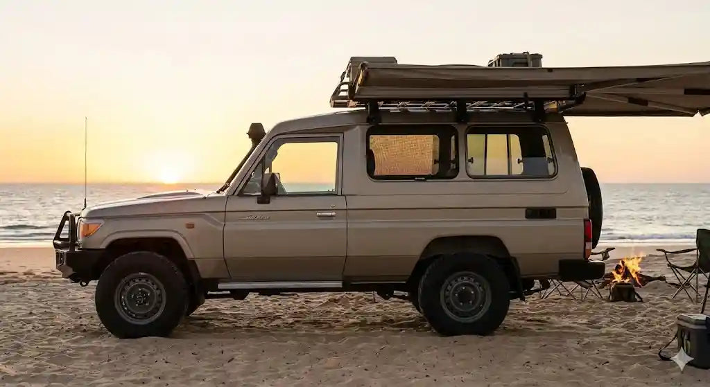 Snap Shades magnetic insect screen installed on Toyota LandCruiser Troopy rear sliding window