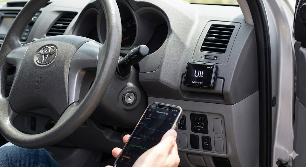 Ultimate9 evcX Throttle Controller installed in Toyota Hilux N70 dashboard with App Control