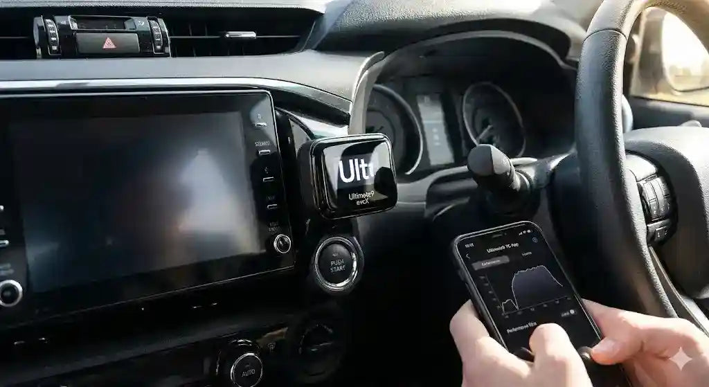 Ultimate9 evcX Throttle Controller installed in Toyota Hilux N80 dashboard with App Control