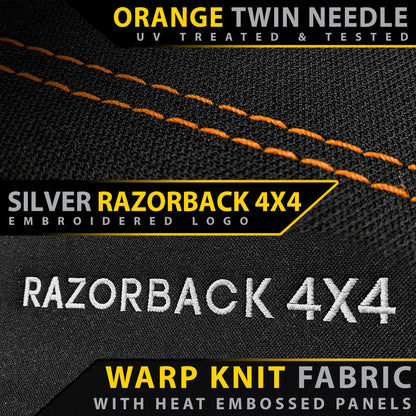 Textured fabric with orange stitching and 'RAZORBACK 4X4' branding on a black background.