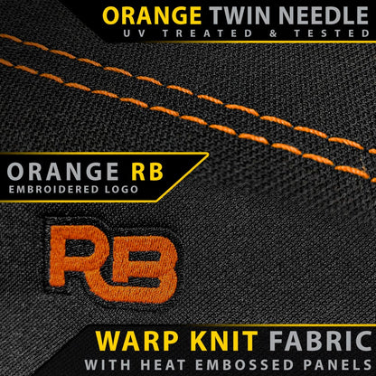Warp knit fabric with orange twin needle stitching and embroidered logo on a black background.