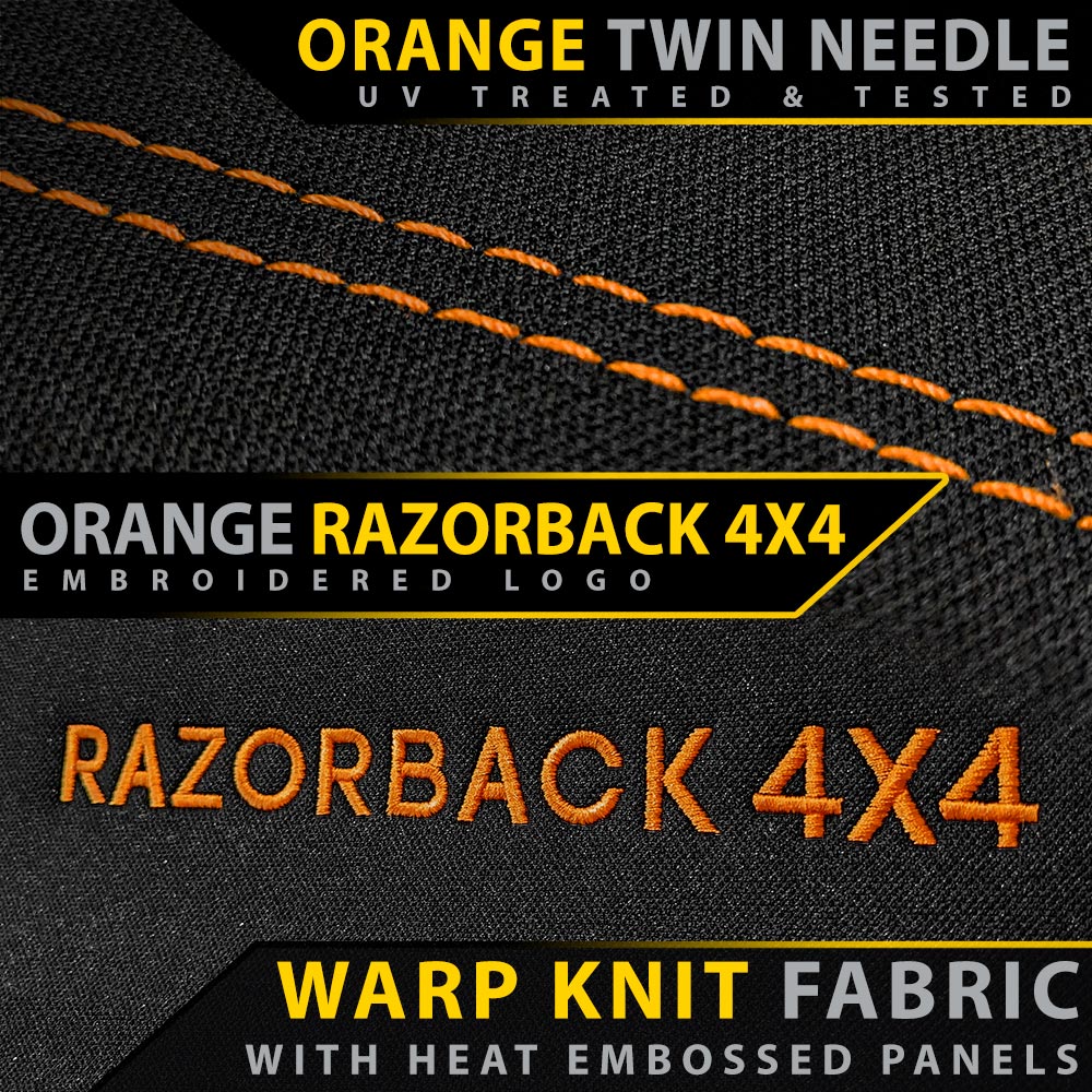 Textured fabric with orange stitching and 'Razorback 4X4' branding on a black background.
