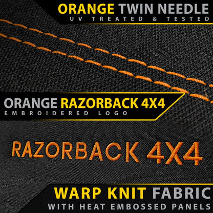 Textured fabric with orange stitching and 'Razorback 4X4' branding on a black background.