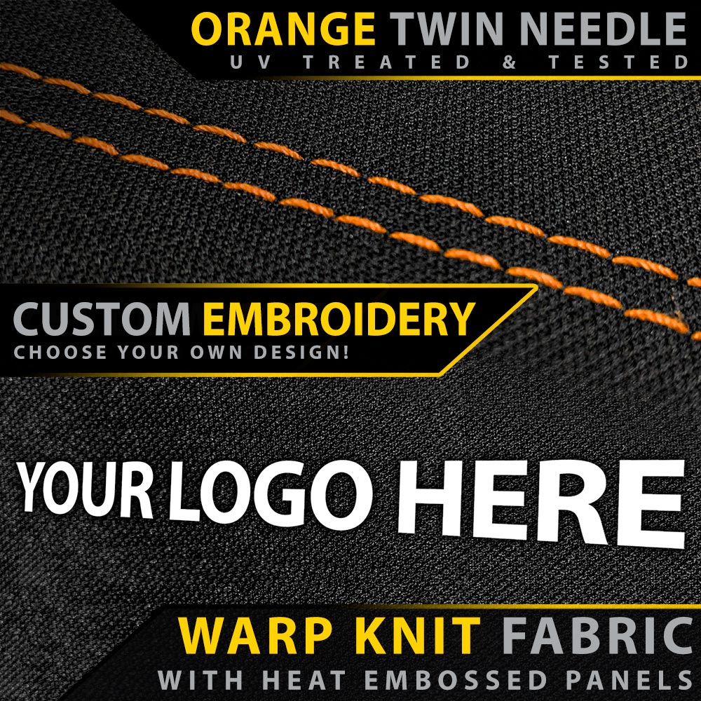 Warp knit fabric with orange twin needle stitching and customizable embroidery text on a black background.