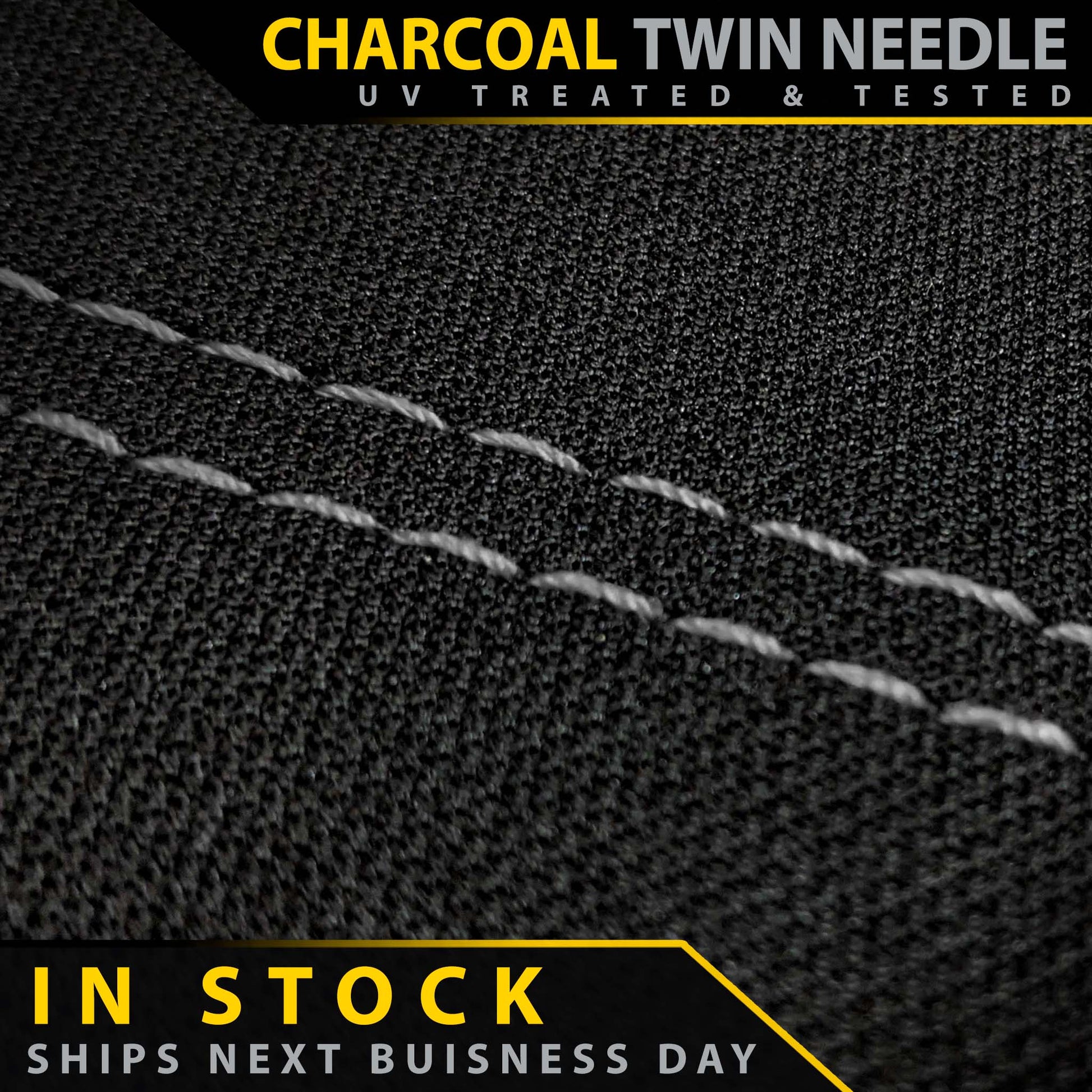 Textured black fabric with twin needle stitching and promotional text about charcoal twin needle fabric.