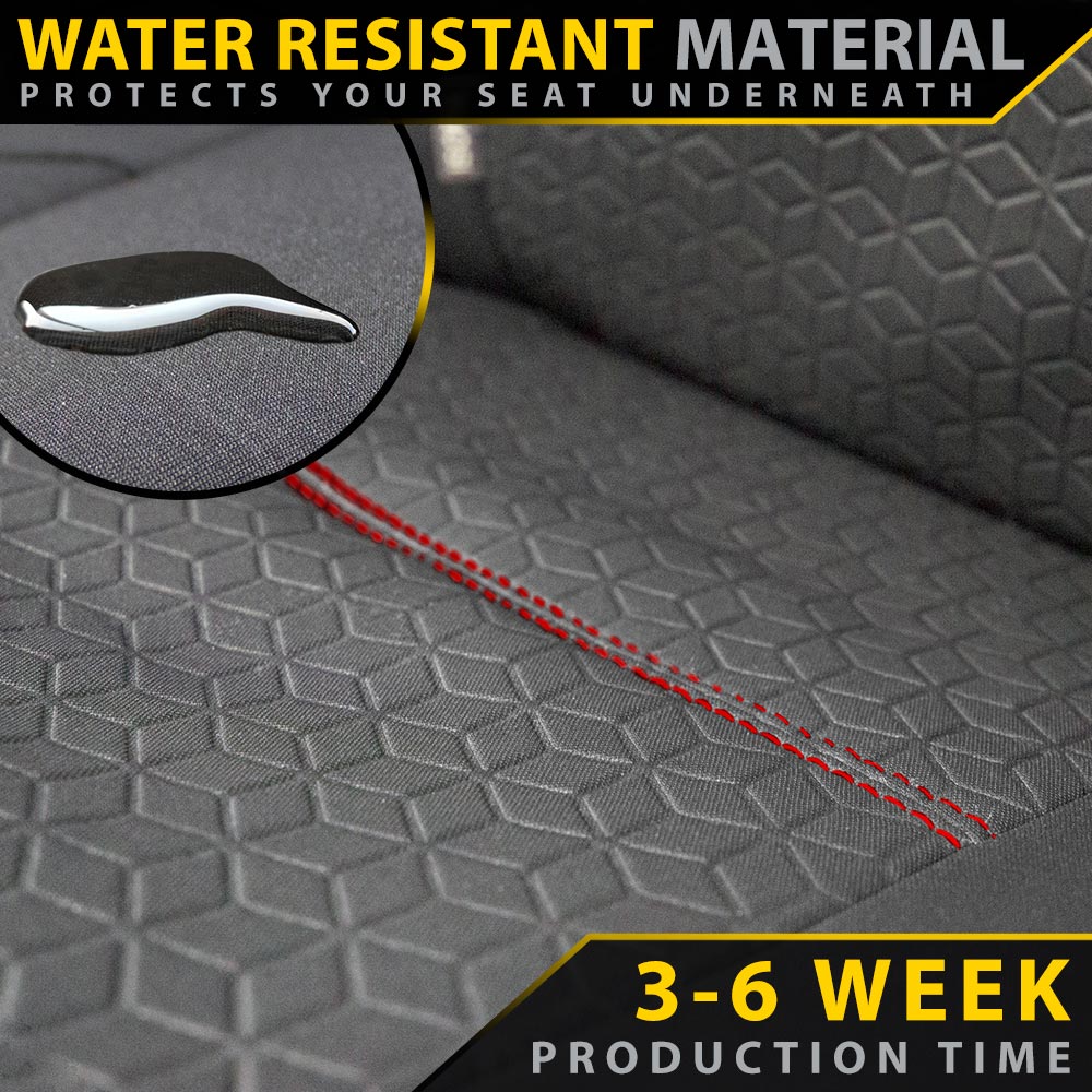 Car seat with water-resistant material and text indicating production time.