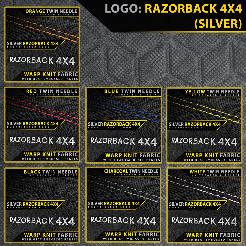 Collection of Razorback 4x4 fabric swatches with various color options on a dark background.