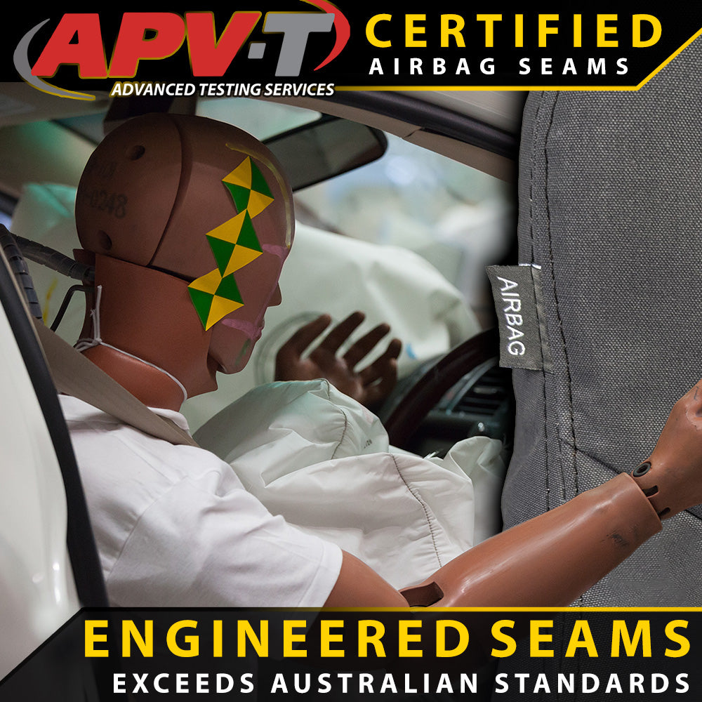 Automated person in a car seat with 'APV-T Certified' branding and text about engineered airbag seams.