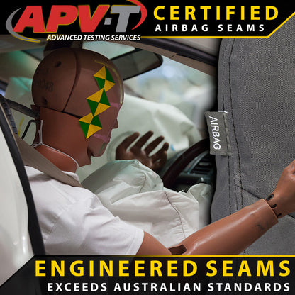 Automated person in a car seat with 'APV-T Certified' branding and text about engineered airbag seams.