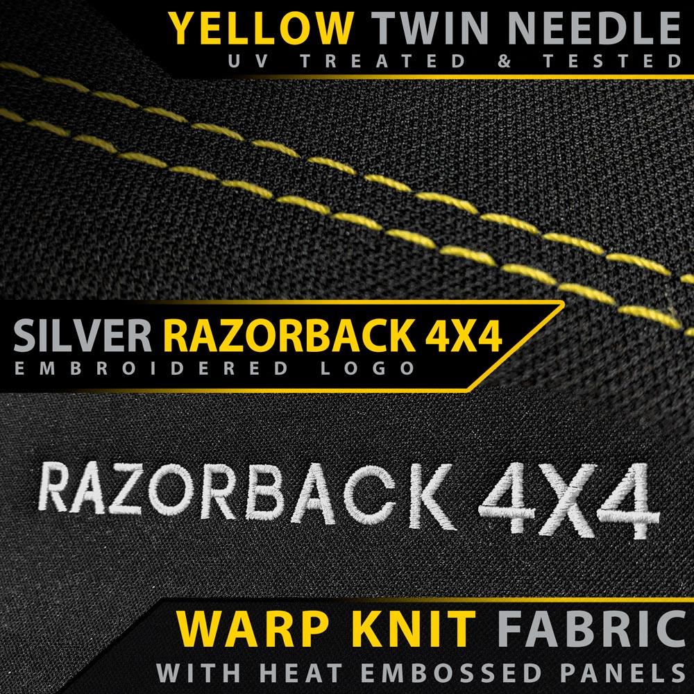 Textured fabric with yellow twin needle stitching and 'Razorback 4x4' branding.
